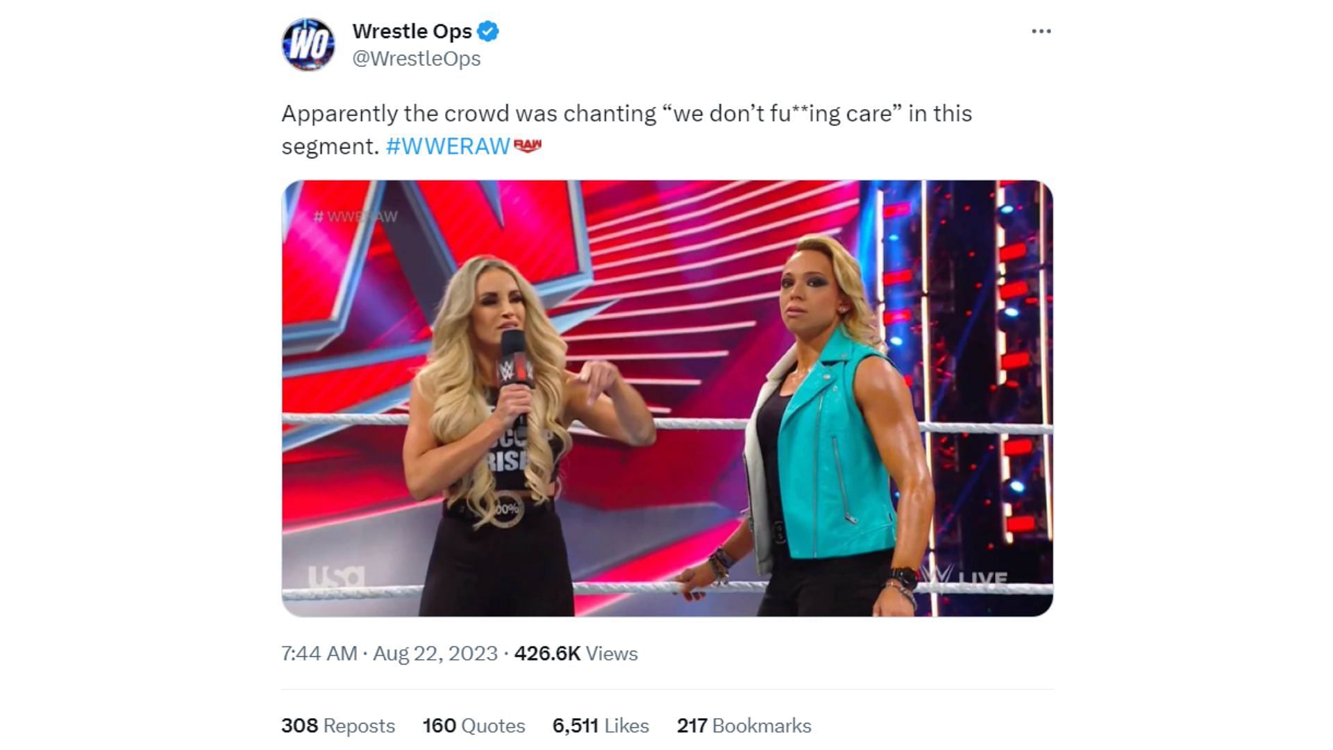 Wrestle Ops tweet covering the fan's reaction to the segment